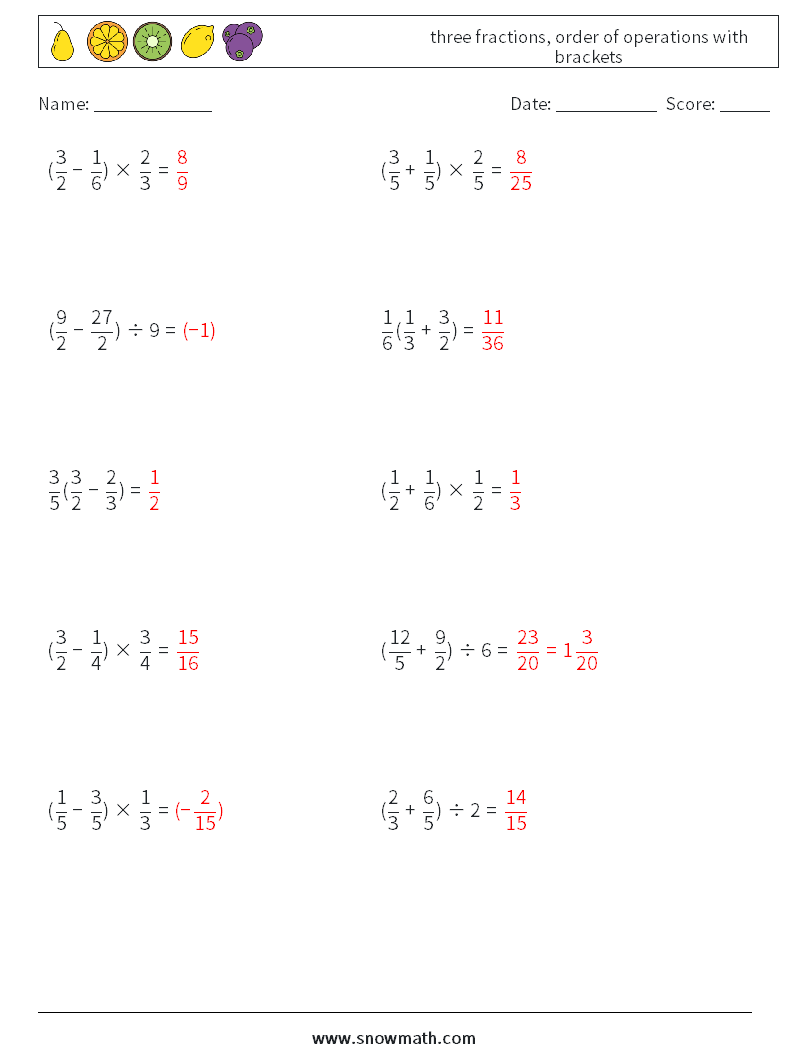 three fractions, order of operations with brackets Maths Worksheets 3 Question, Answer