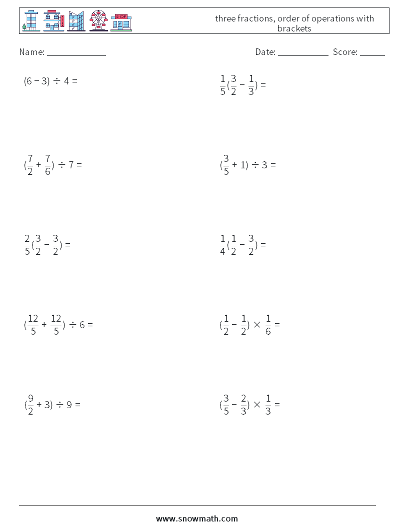 three fractions, order of operations with brackets Maths Worksheets 4