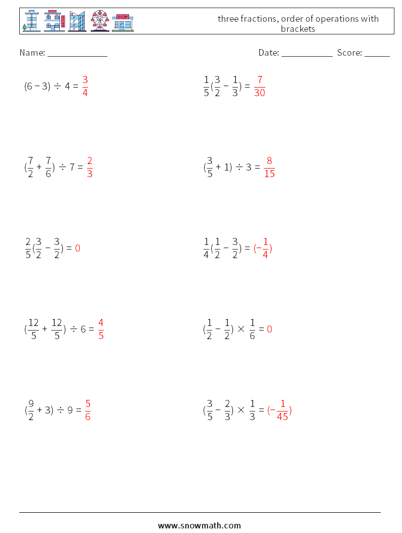 three fractions, order of operations with brackets Maths Worksheets 4 Question, Answer