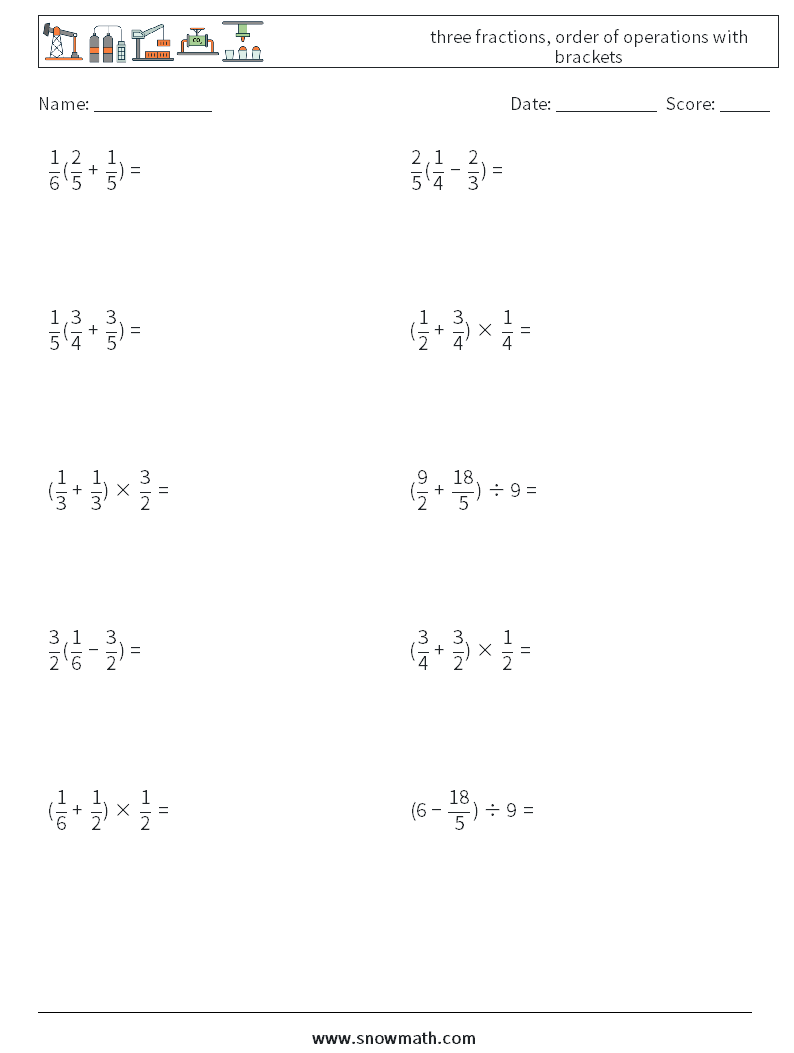 three fractions, order of operations with brackets Maths Worksheets 5