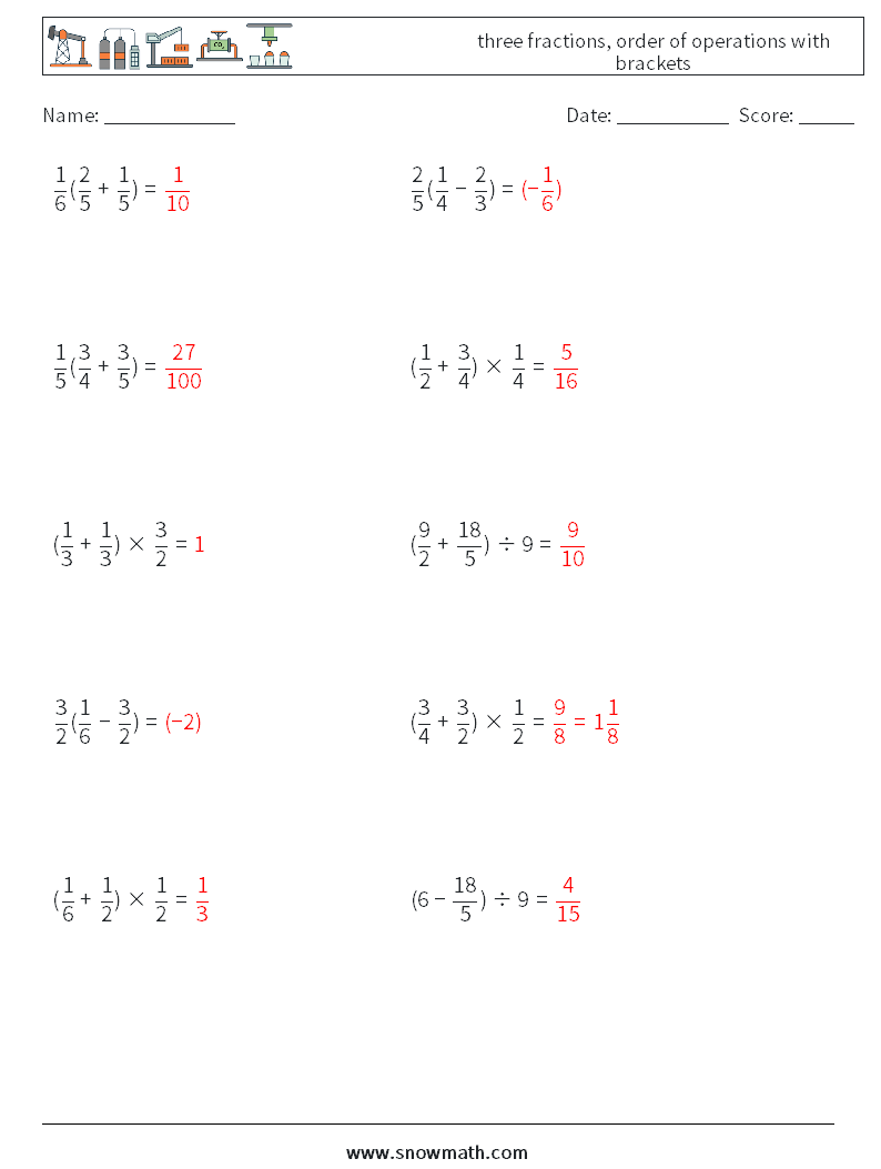 three fractions, order of operations with brackets Maths Worksheets 5 Question, Answer