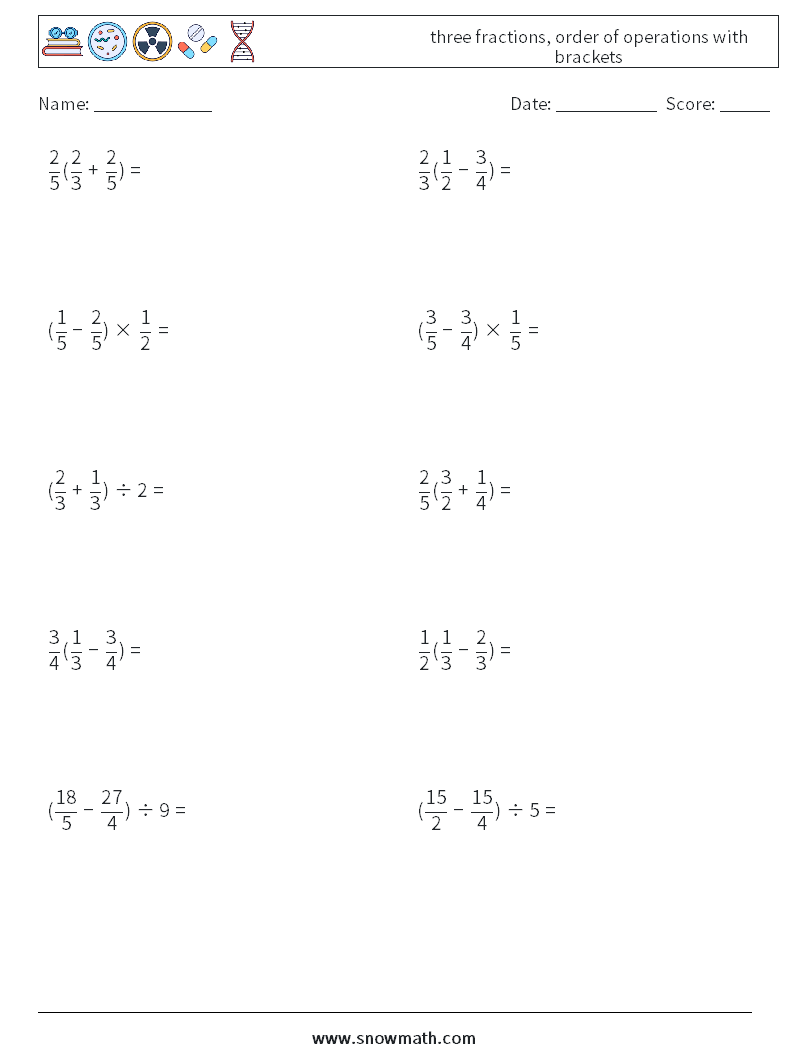 three fractions, order of operations with brackets Maths Worksheets 6