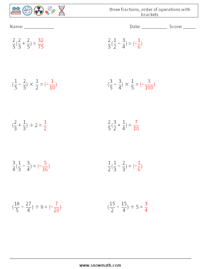 three fractions, order of operations with brackets Maths Worksheets 6 Question, Answer