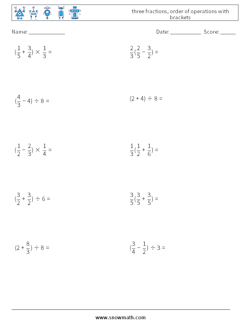 three fractions, order of operations with brackets Maths Worksheets 7