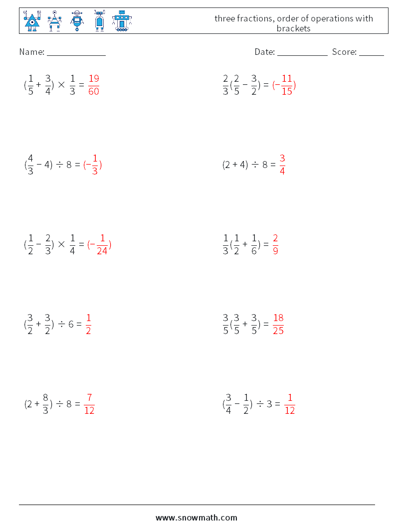 three fractions, order of operations with brackets Maths Worksheets 7 Question, Answer