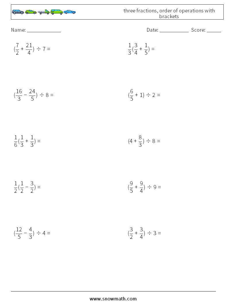 three fractions, order of operations with brackets Maths Worksheets 8