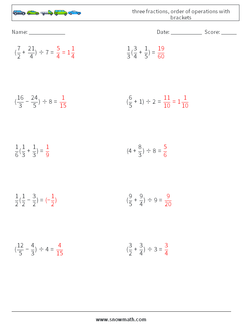 three fractions, order of operations with brackets Maths Worksheets 8 Question, Answer