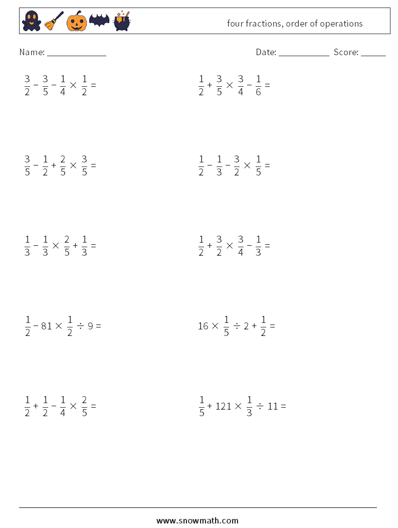 four fractions, order of operations Maths Worksheets 10