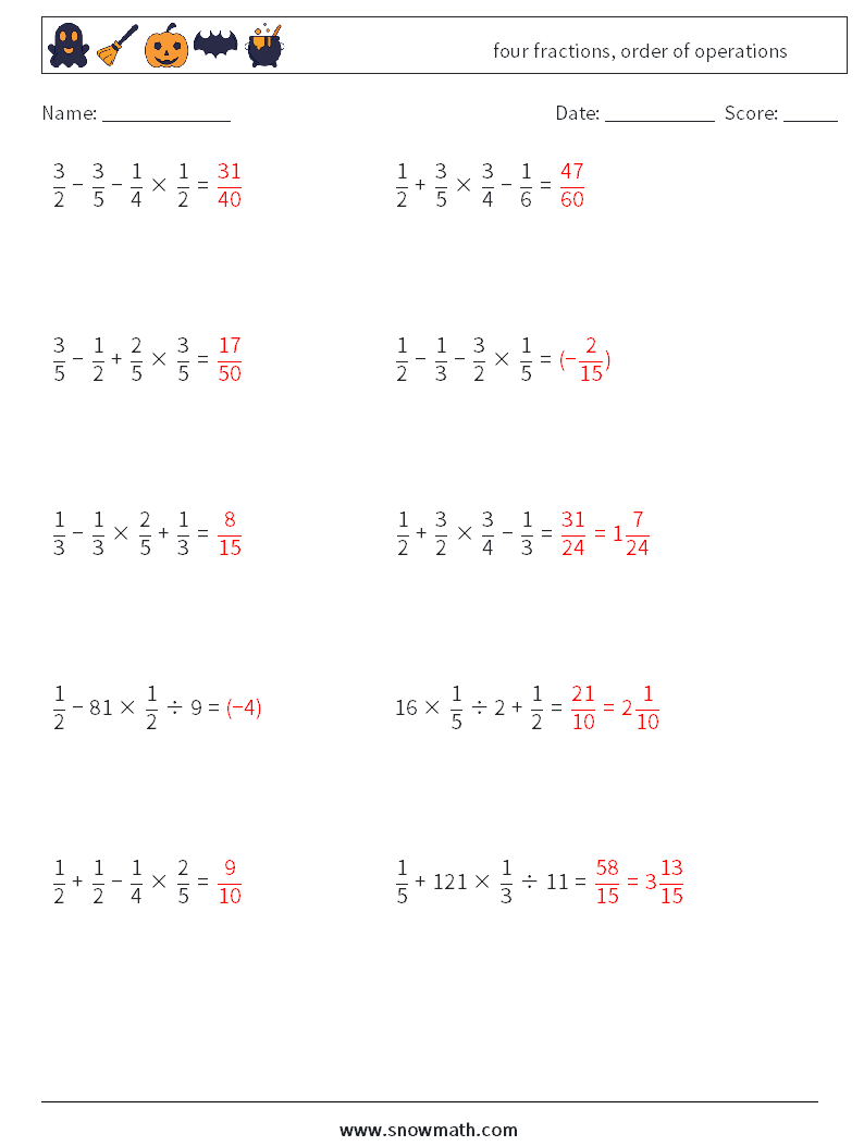 four fractions, order of operations Maths Worksheets 10 Question, Answer