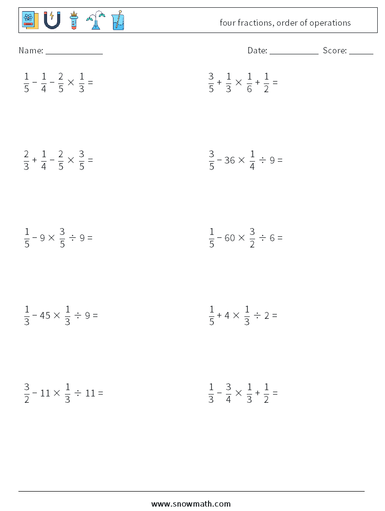 four fractions, order of operations Maths Worksheets 11