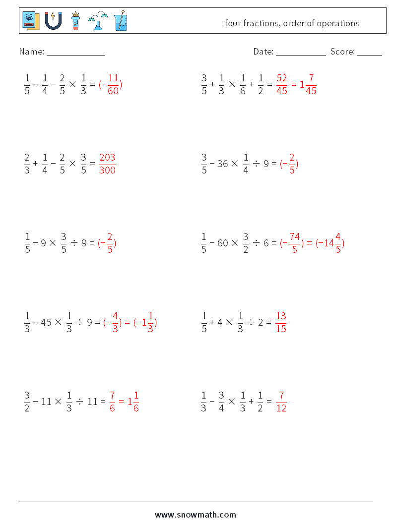 four fractions, order of operations Maths Worksheets 11 Question, Answer