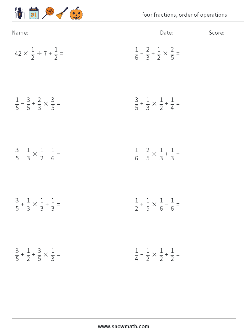 four fractions, order of operations Maths Worksheets 12