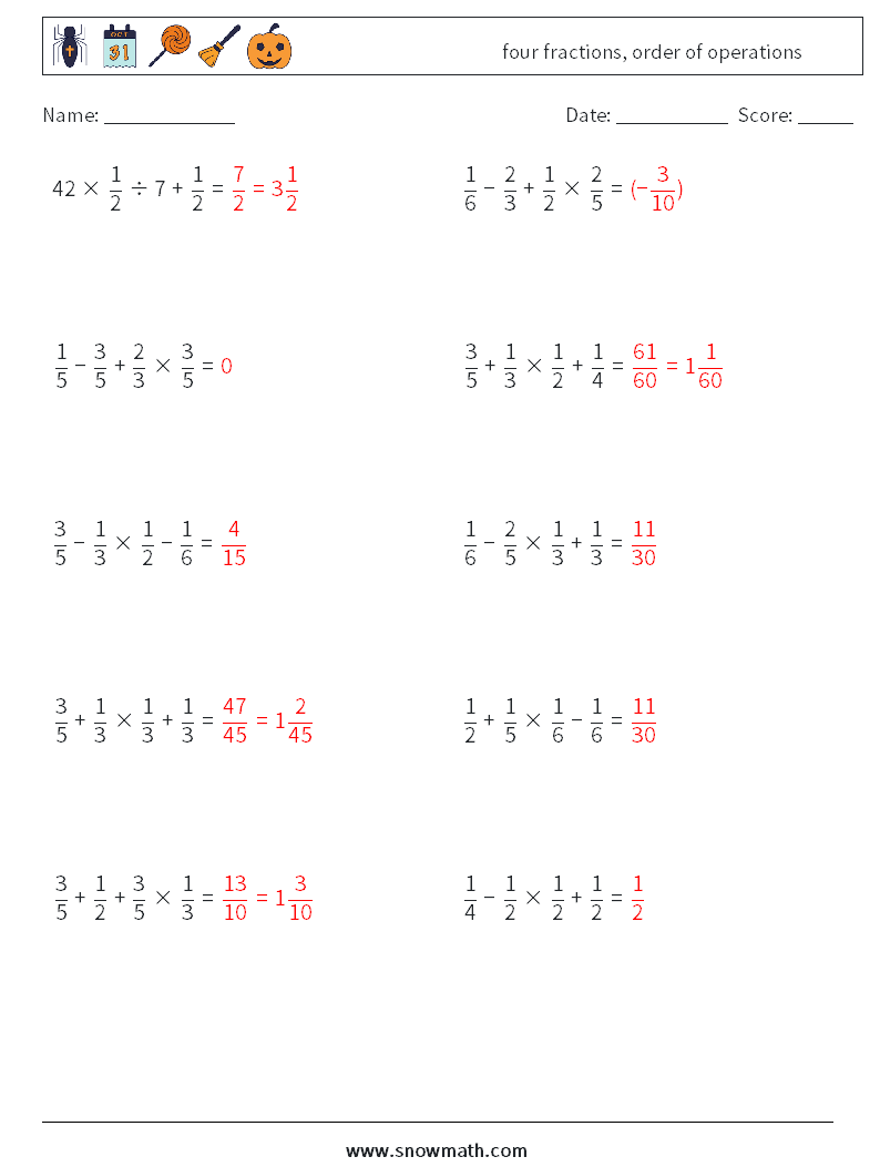 four fractions, order of operations Maths Worksheets 12 Question, Answer
