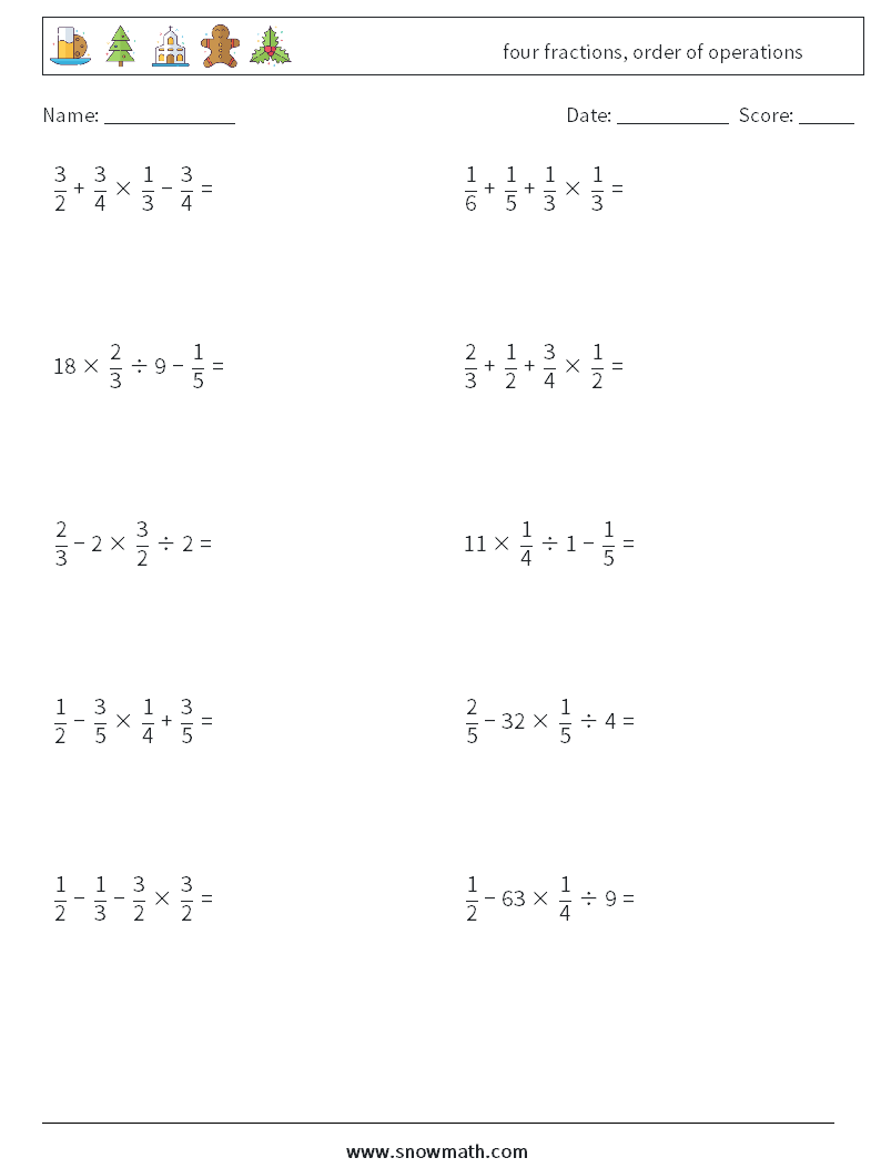 four fractions, order of operations Maths Worksheets 13