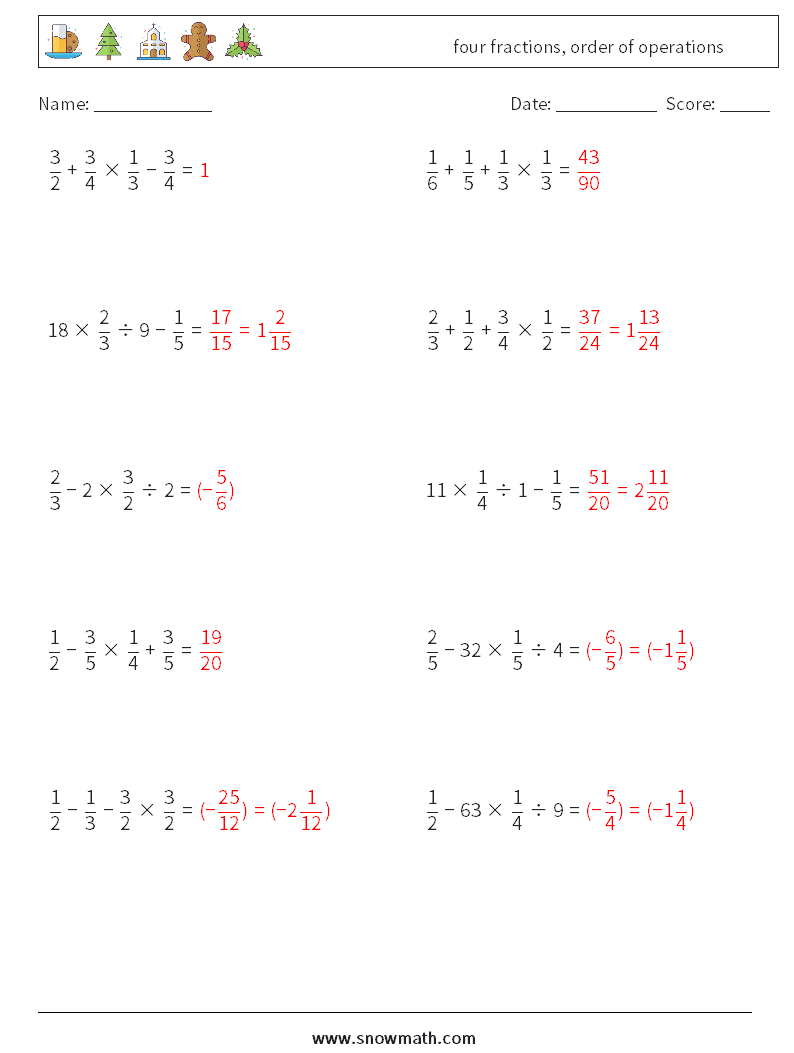 four fractions, order of operations Maths Worksheets 13 Question, Answer