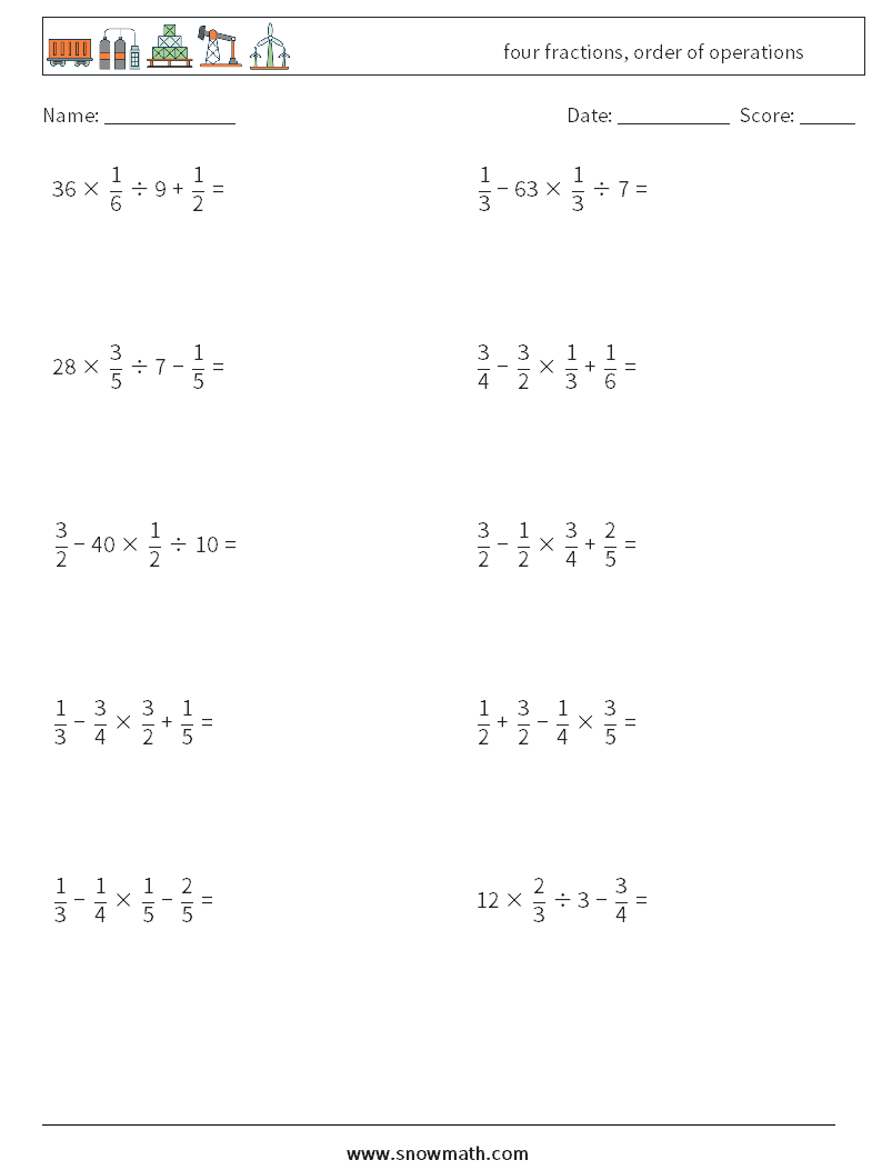 four fractions, order of operations Maths Worksheets 14