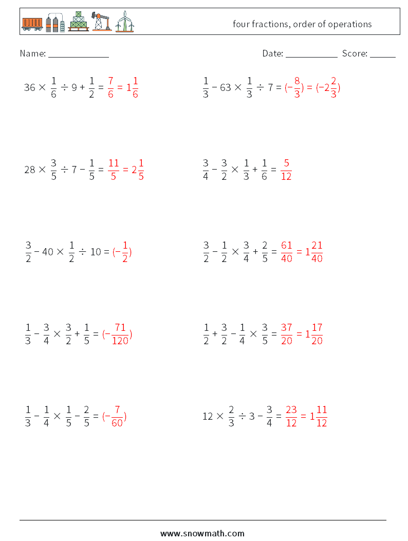 four fractions, order of operations Maths Worksheets 14 Question, Answer