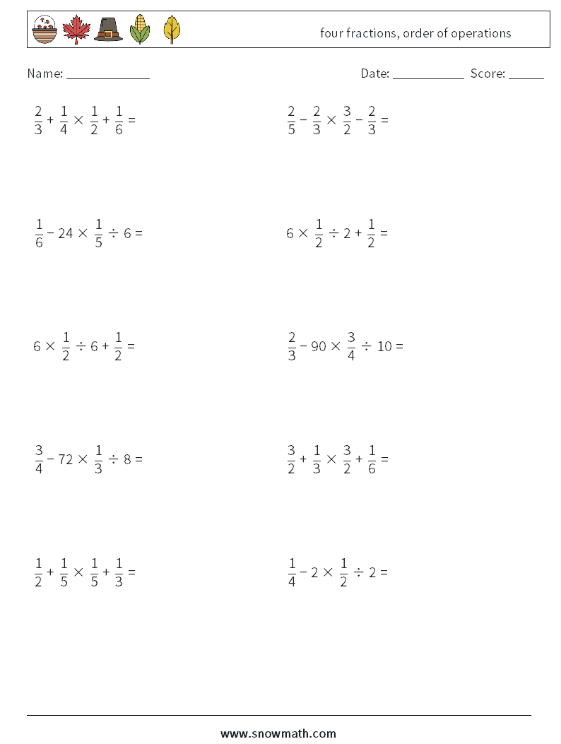 four fractions, order of operations Maths Worksheets 15