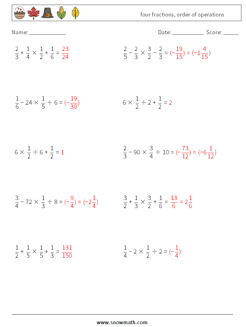 four fractions, order of operations Maths Worksheets 15 Question, Answer