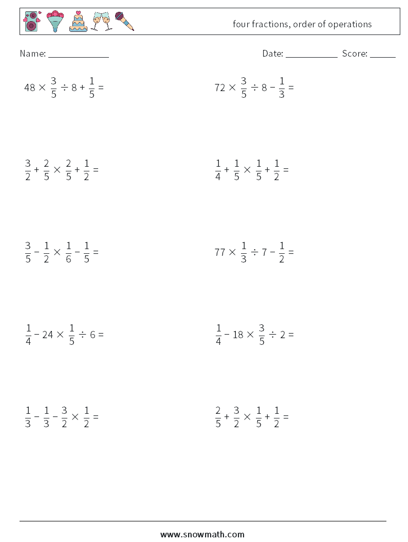 four fractions, order of operations Maths Worksheets 16