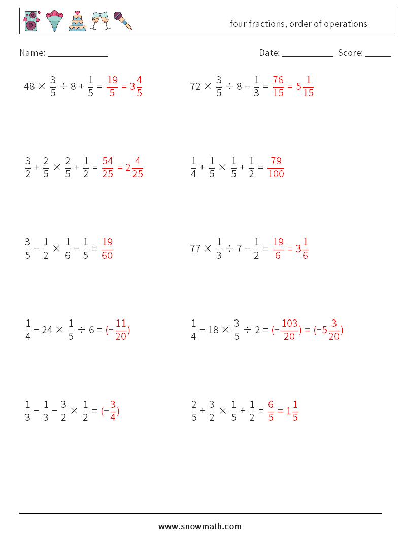 four fractions, order of operations Maths Worksheets 16 Question, Answer