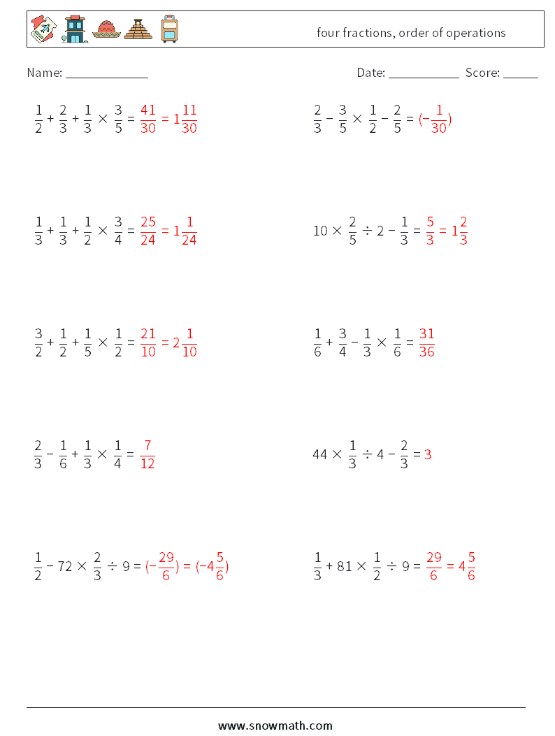 four fractions, order of operations Maths Worksheets 17 Question, Answer