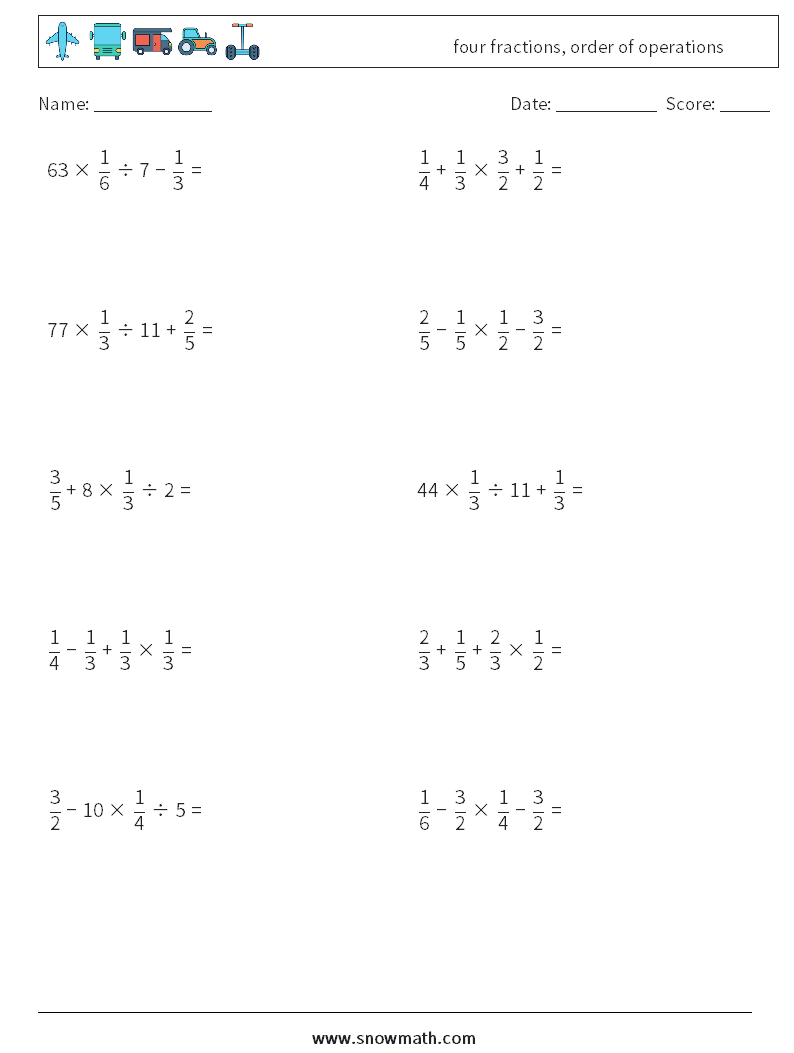 four fractions, order of operations Maths Worksheets 18