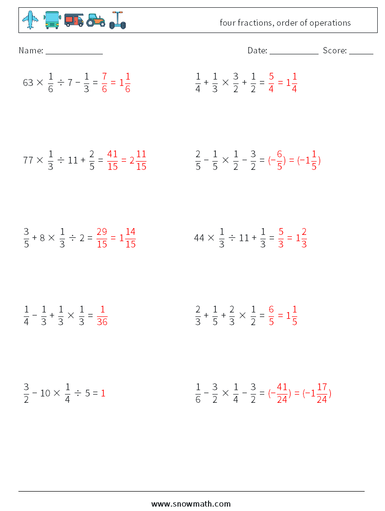 four fractions, order of operations Maths Worksheets 18 Question, Answer