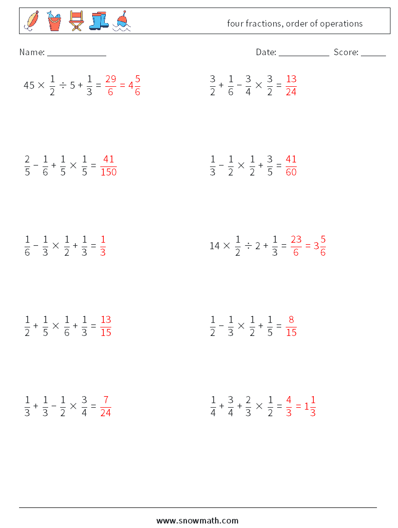 four fractions, order of operations Maths Worksheets 1 Question, Answer