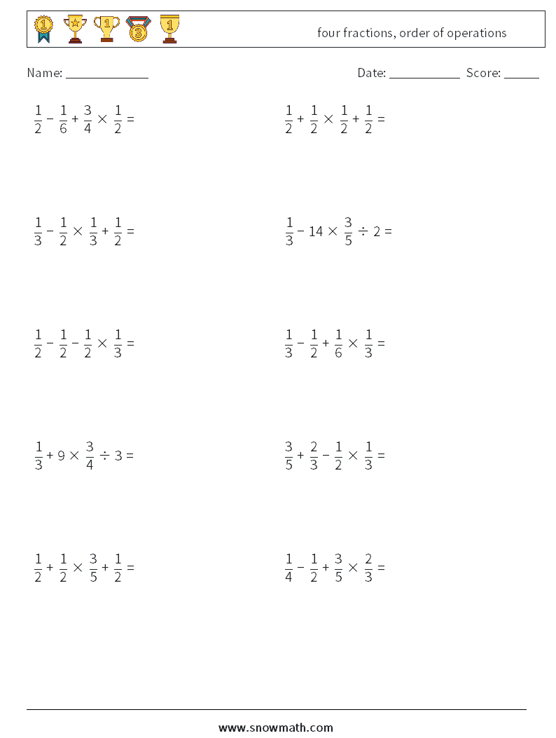four fractions, order of operations Maths Worksheets 2