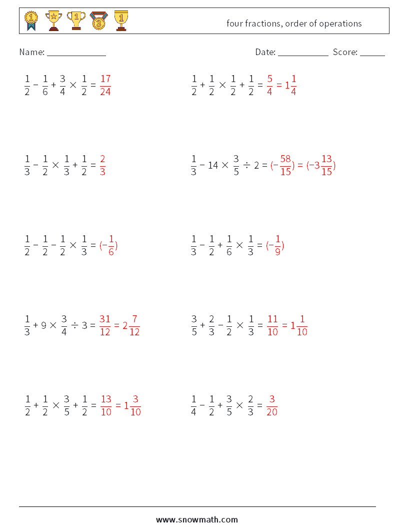 four fractions, order of operations Maths Worksheets 2 Question, Answer