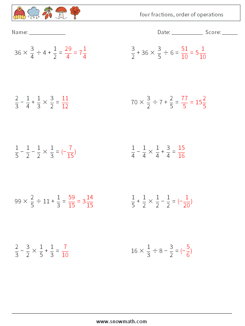 four fractions, order of operations Maths Worksheets 3 Question, Answer