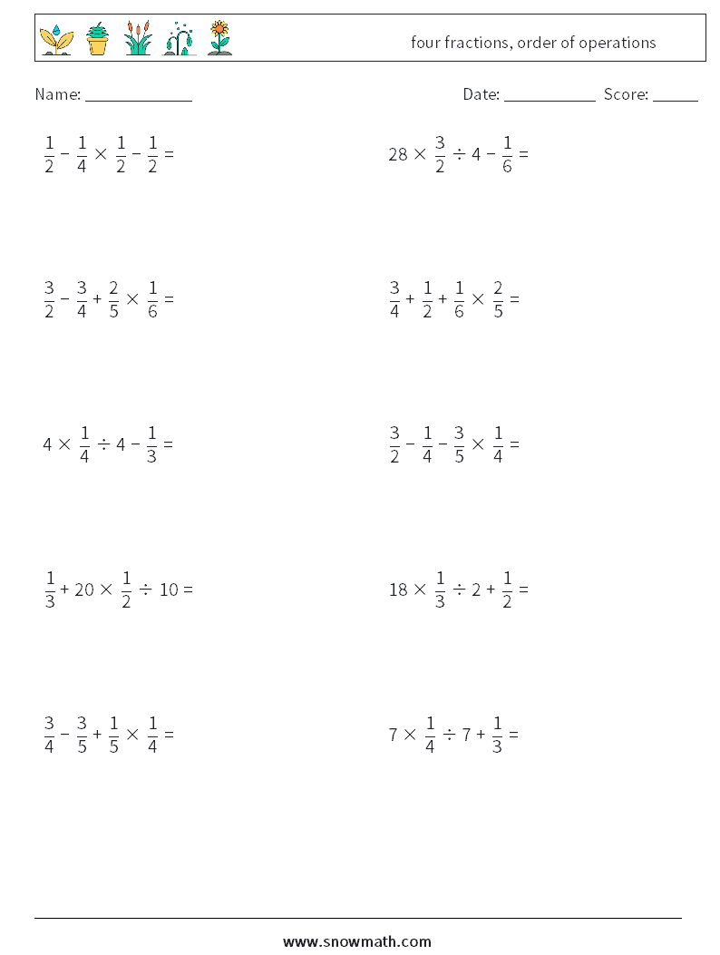 four fractions, order of operations Maths Worksheets 4