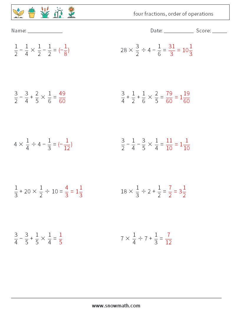 four fractions, order of operations Maths Worksheets 4 Question, Answer