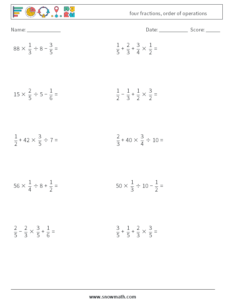 four fractions, order of operations Maths Worksheets 5