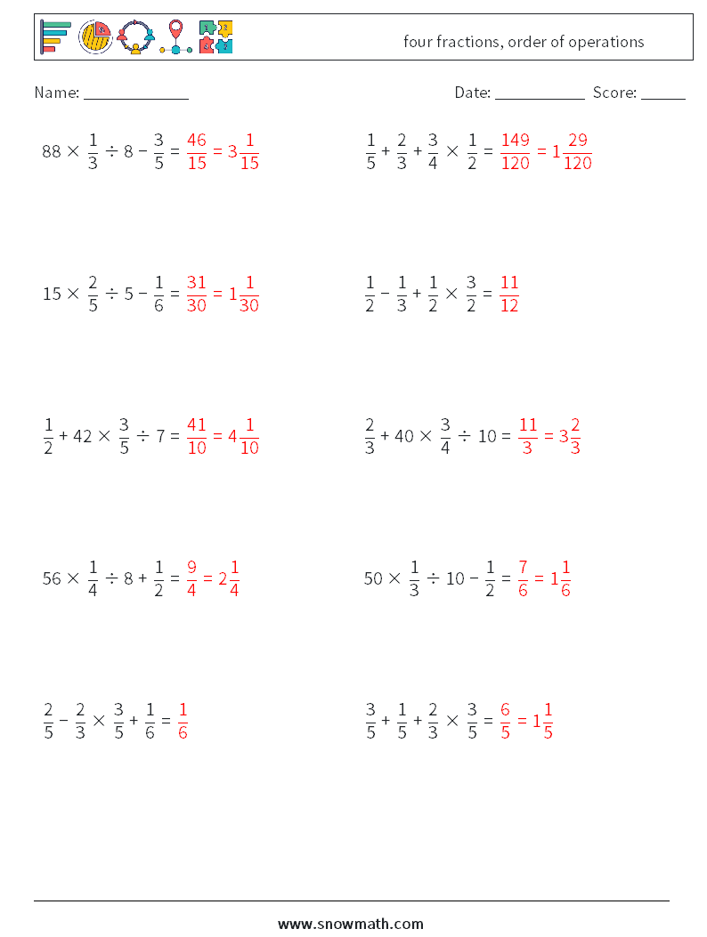 four fractions, order of operations Maths Worksheets 5 Question, Answer
