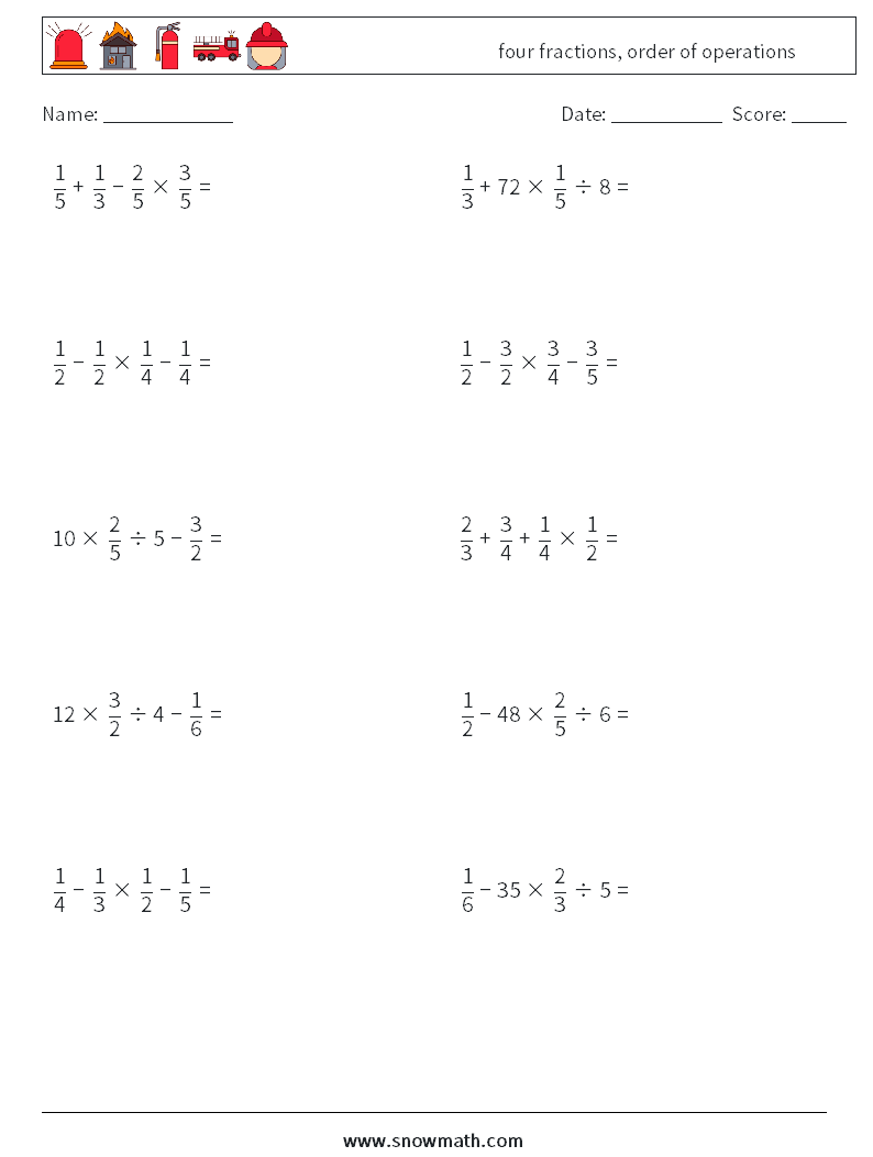 four fractions, order of operations Maths Worksheets 6