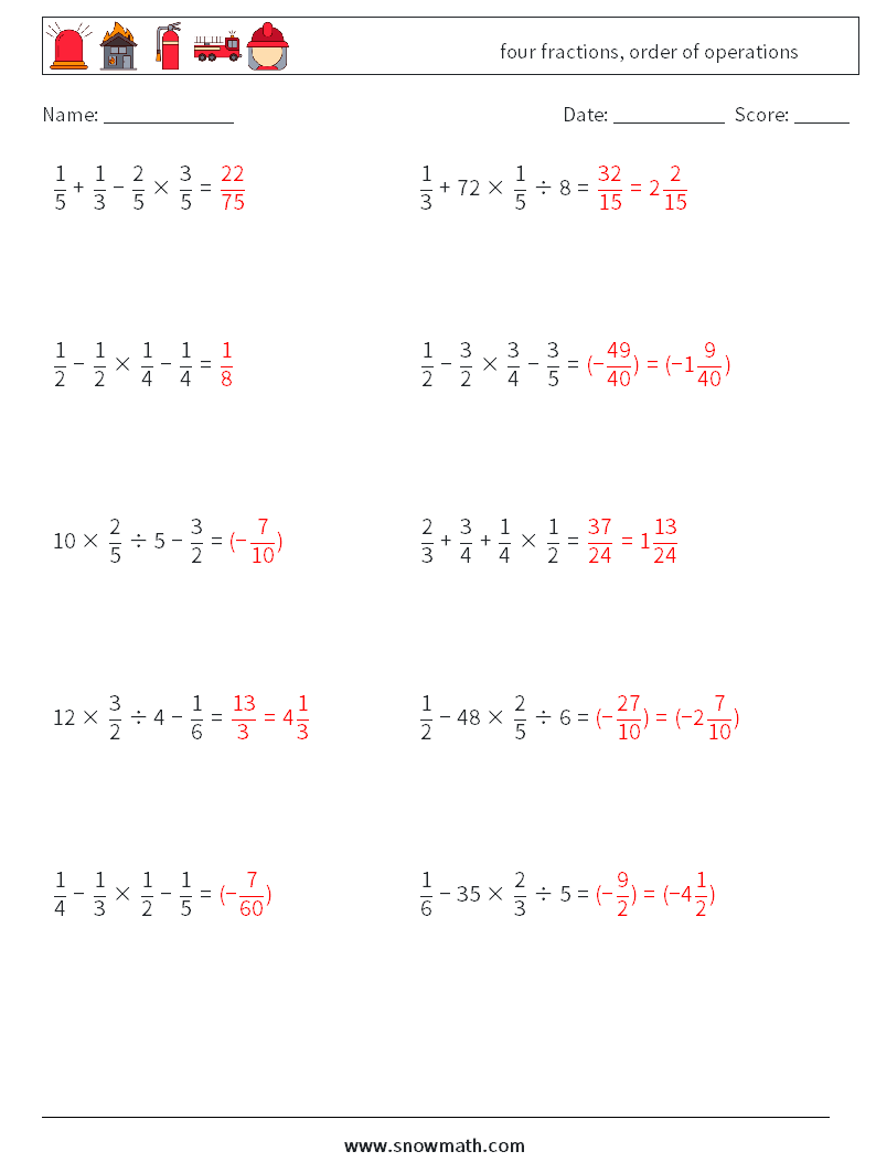 four fractions, order of operations Maths Worksheets 6 Question, Answer
