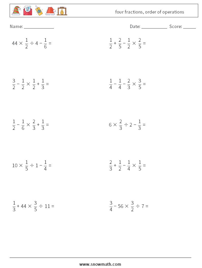 four fractions, order of operations Maths Worksheets 7