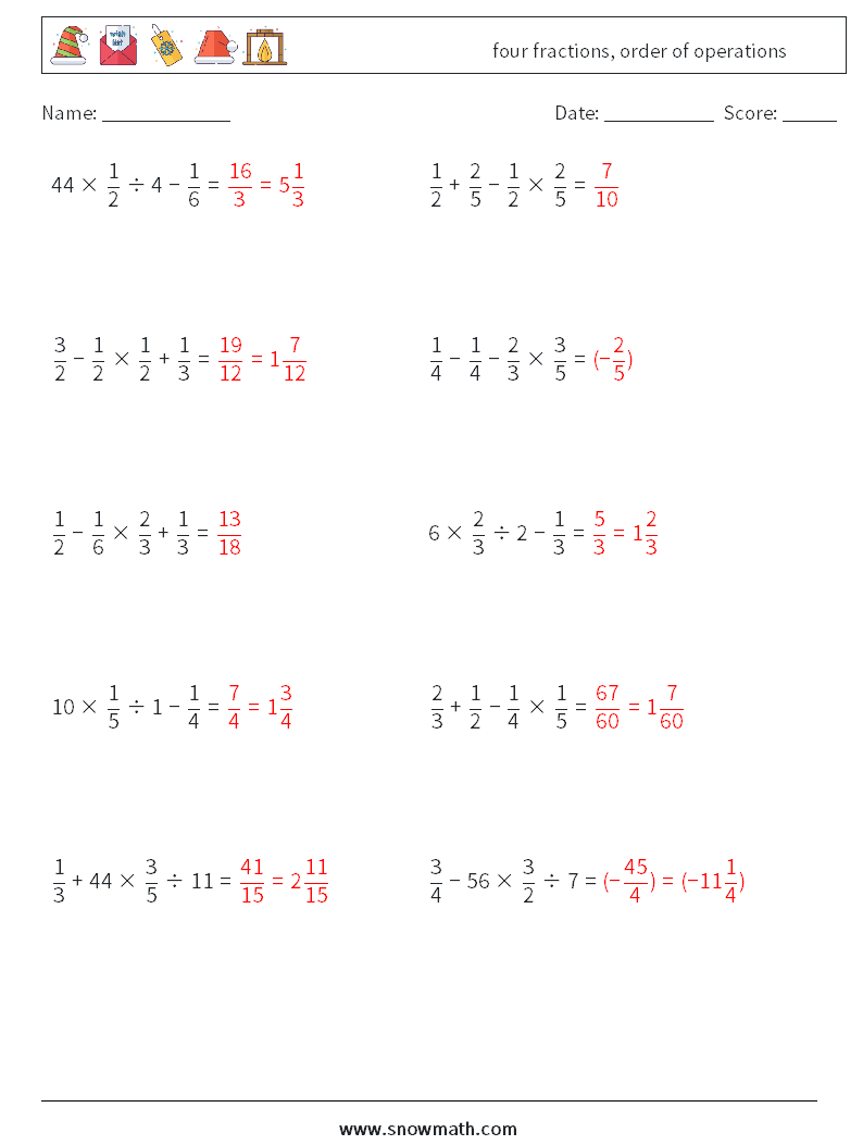 four fractions, order of operations Maths Worksheets 7 Question, Answer