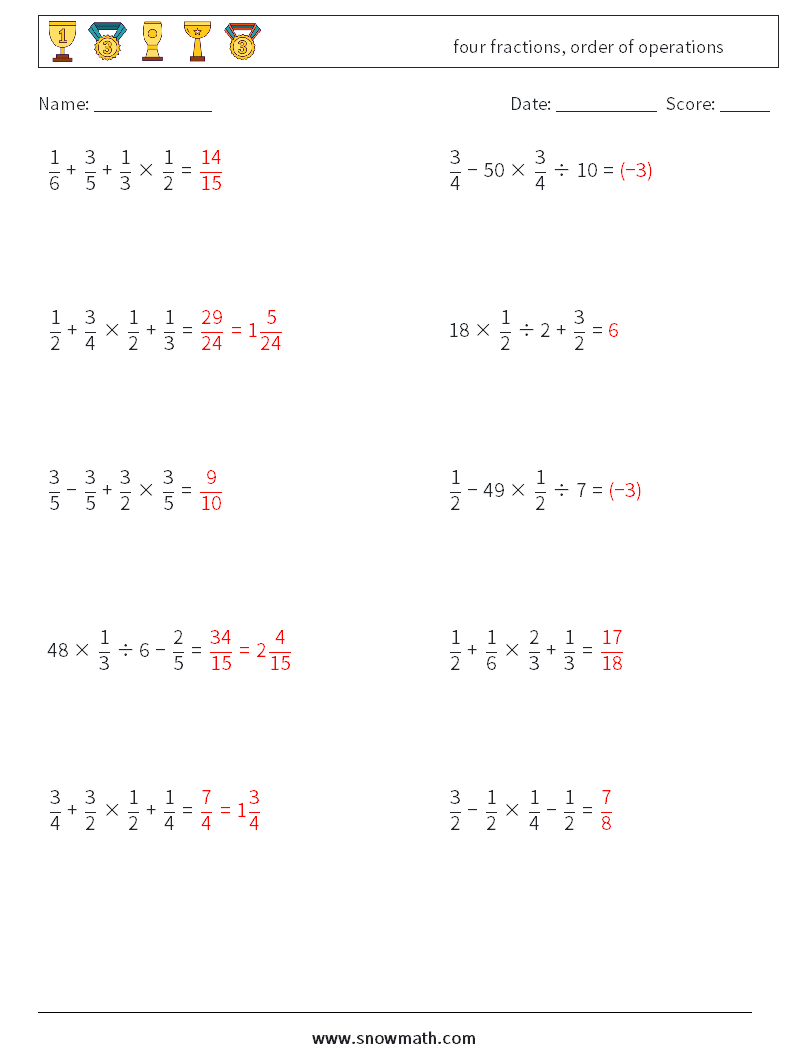 four fractions, order of operations Maths Worksheets 8 Question, Answer