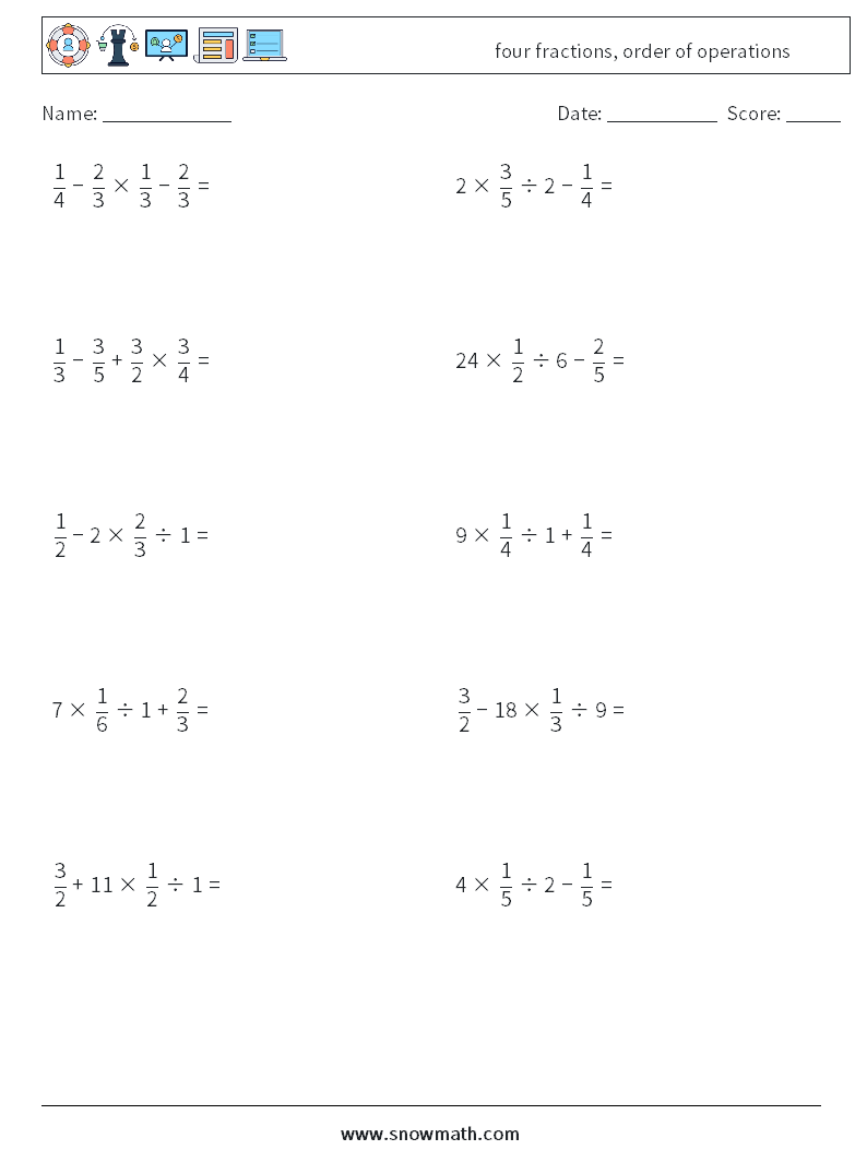 four fractions, order of operations Maths Worksheets 9