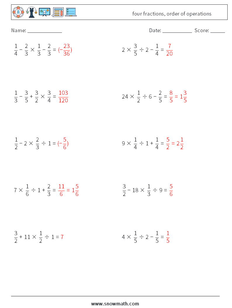 four fractions, order of operations Maths Worksheets 9 Question, Answer