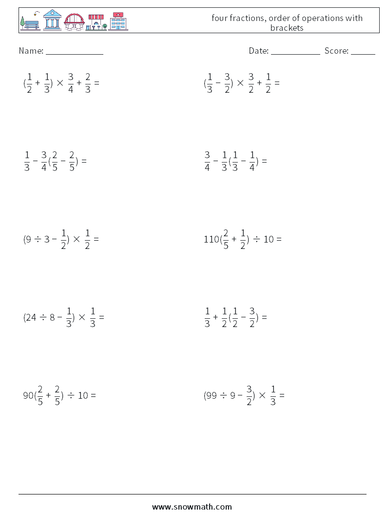 four fractions, order of operations with brackets Maths Worksheets 1