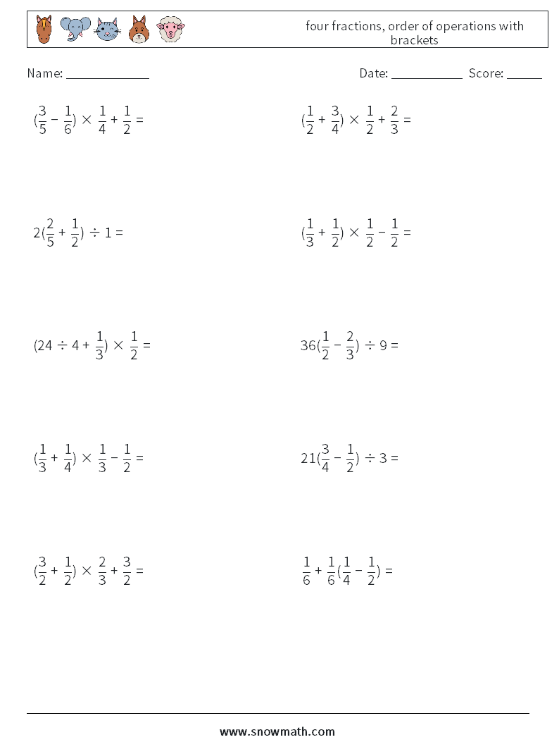 four fractions, order of operations with brackets Maths Worksheets 10