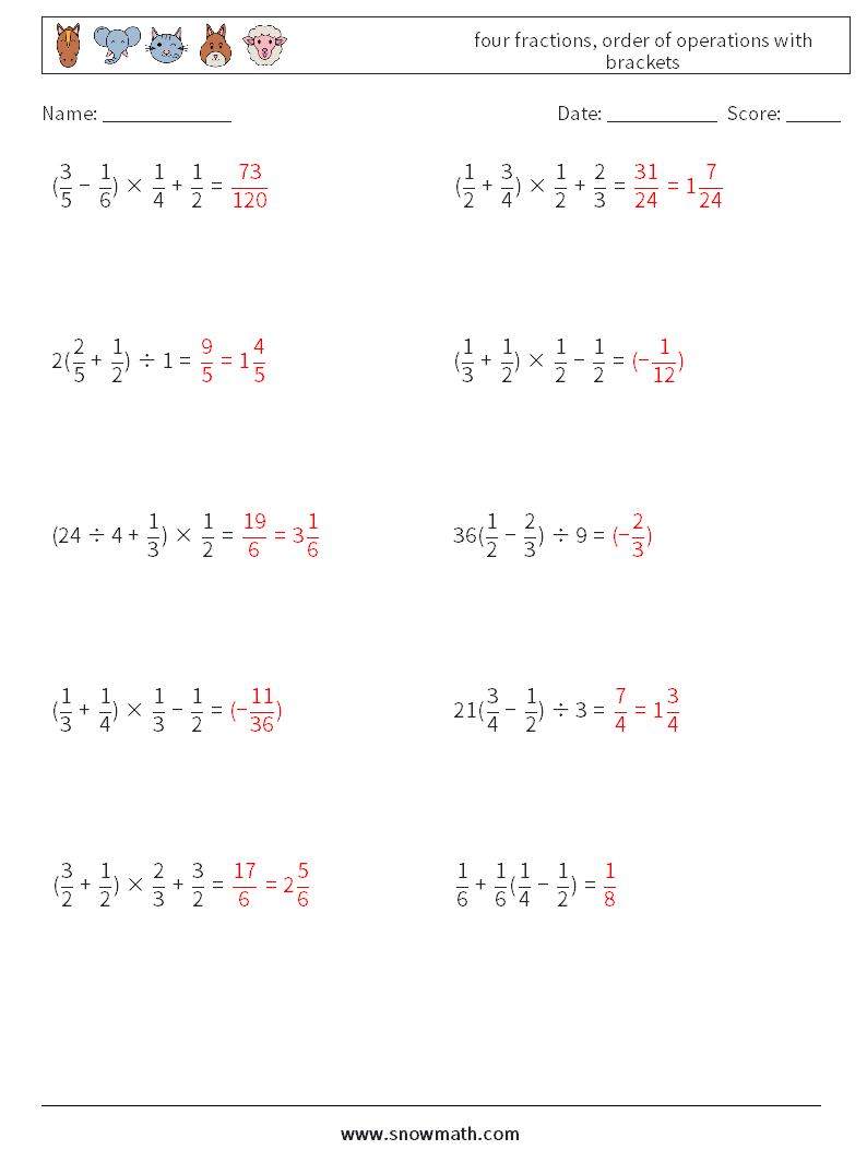 four fractions, order of operations with brackets Maths Worksheets 10 Question, Answer