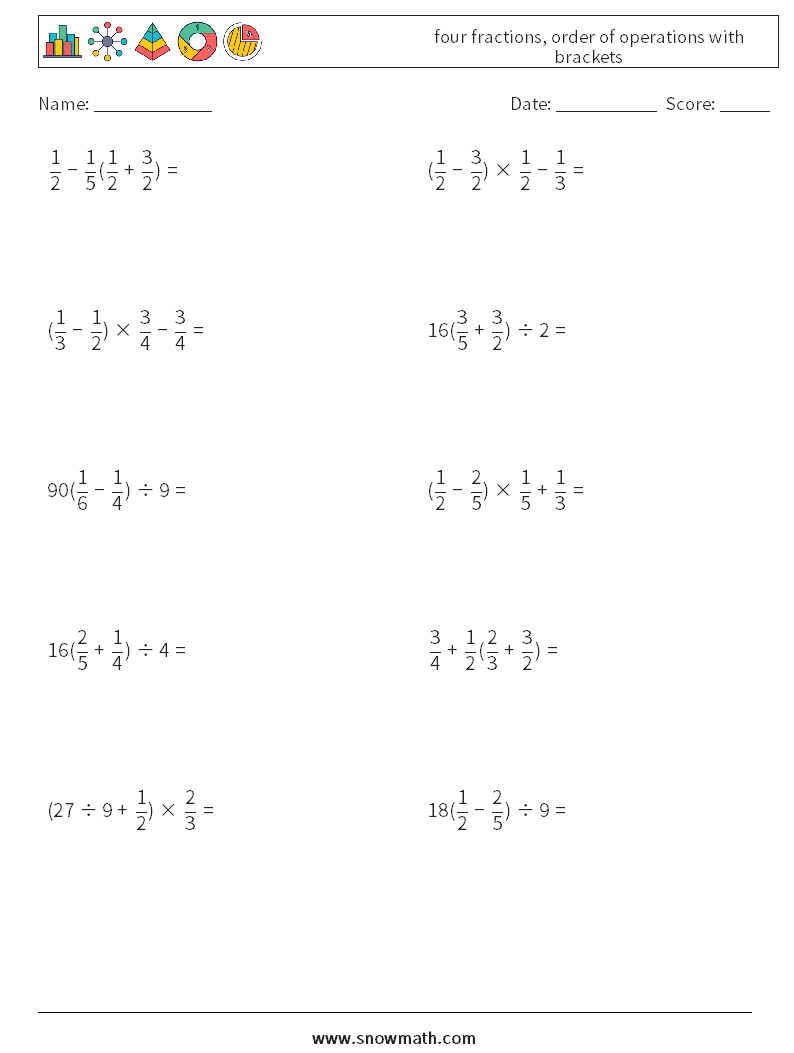 four fractions, order of operations with brackets Maths Worksheets 11