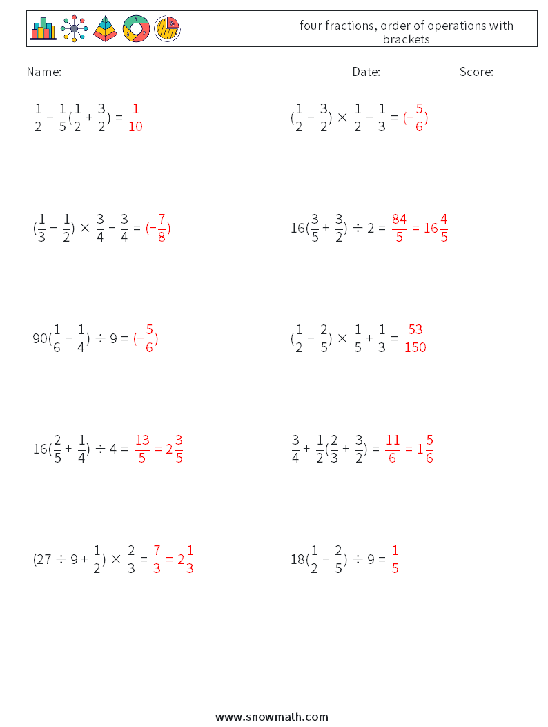 four fractions, order of operations with brackets Maths Worksheets 11 Question, Answer