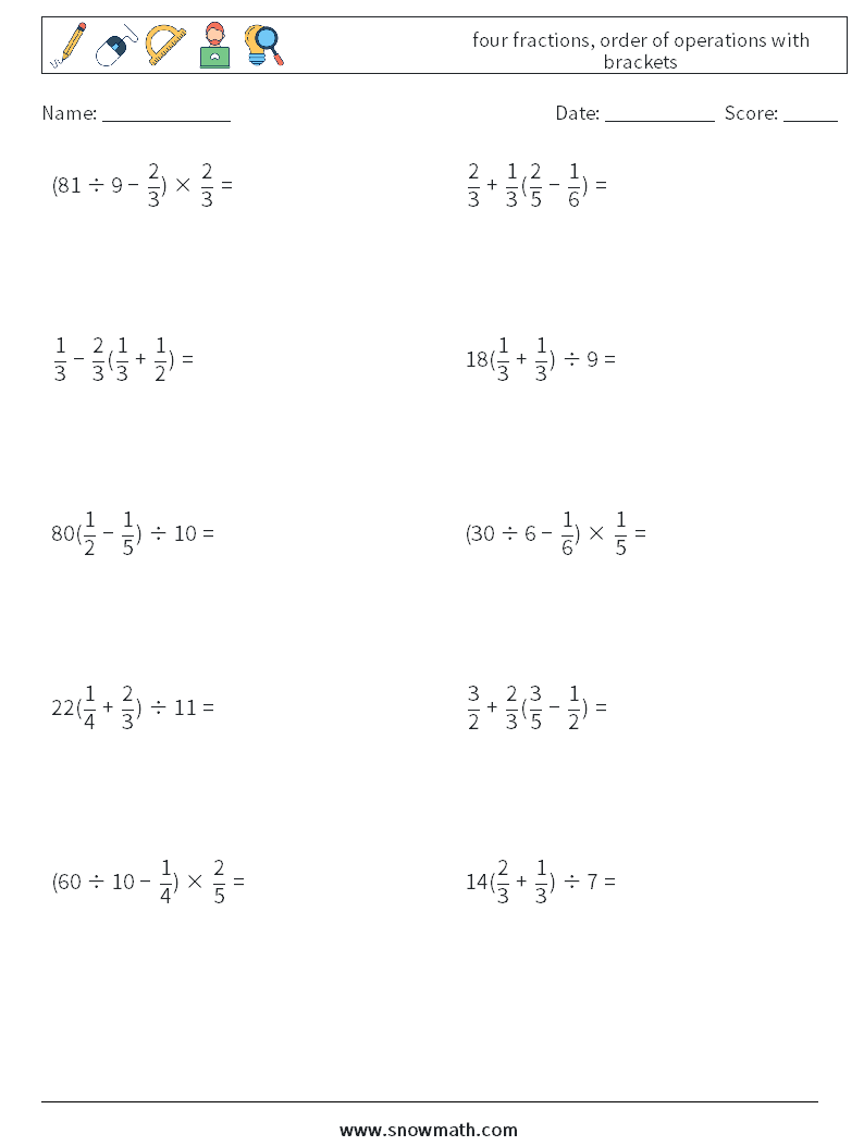 four fractions, order of operations with brackets Maths Worksheets 12