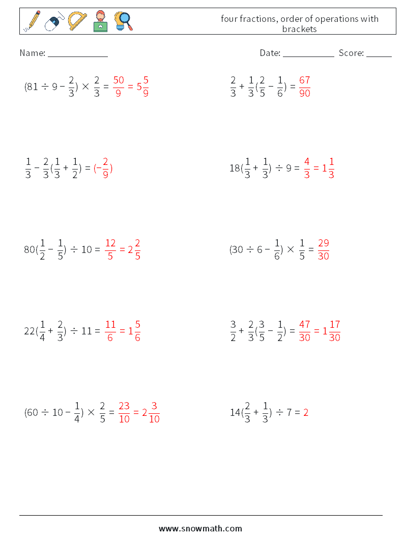 four fractions, order of operations with brackets Maths Worksheets 12 Question, Answer